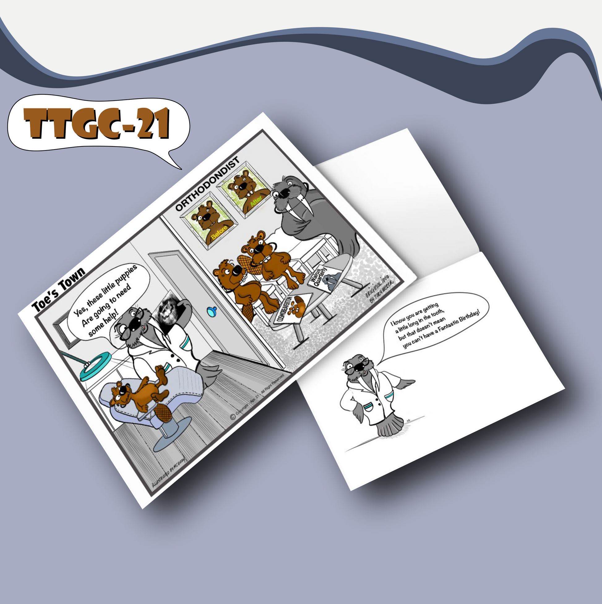 A walrus and two teen beavers sit in an orthodontist's waiting room with their front teeth and braces on full display. The coffee table has two magazines lying on top, one called Cosmobeaverton and the other Walrus Quarterly. A picture on the wall shows a before picture of a beaver with no visible front teeth and an after picture of a beaver with two teeth sitting proud of the beavers lips. In the next room the walrus orthodontist is looking intently at an xray of a young beaver who's teeth are not sticking