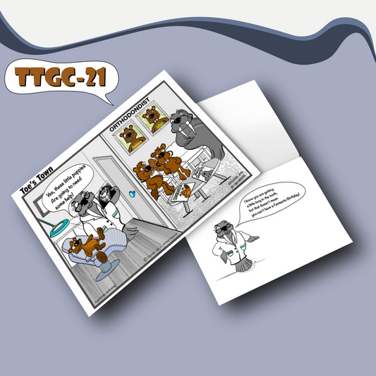 A walrus and two teen beavers sit in an orthodontist's waiting room with their front teeth and braces on full display. The coffee table has two magazines lying on top, one called Cosmobeaverton and the other Walrus Quarterly. A picture on the wall shows a before picture of a beaver with no visible front teeth and an after picture of a beaver with two teeth sitting proud of the beavers lips. In the next room the walrus orthodontist is looking intently at an xray of a young beaver who's teeth are not sticking