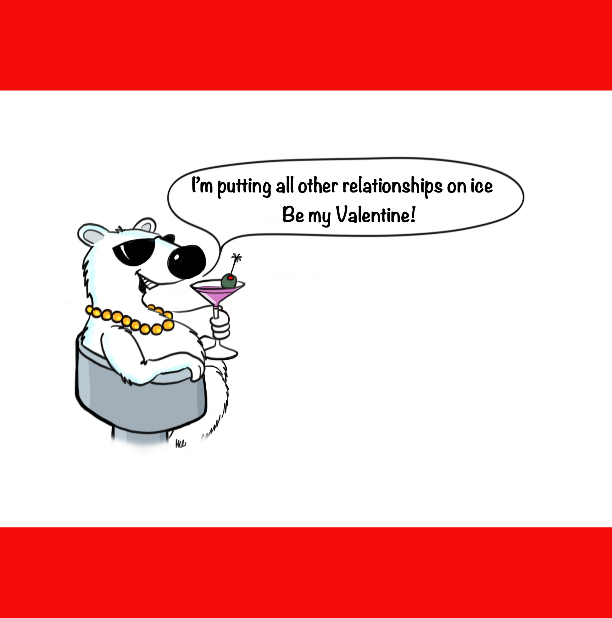 A polar bear is drinking a martini sitting at the bar talking to a lady who is human and who is also enjoying a cocktail. The polar bear is very hip looking wearing dark sunglasses and gold chains. The lady who looks to be fascinated with the polar bear and says "Oh you have two residences, one in the north and one in the south". The polar bear responds and says, "Yea, I'm bi-polar".