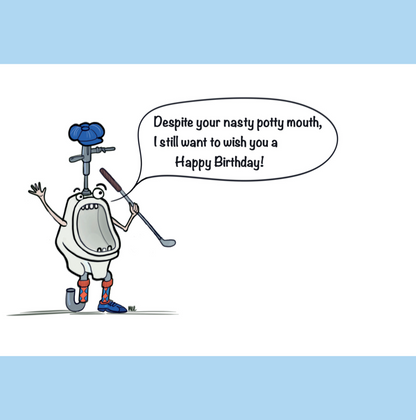 A beautiful clear day on the second green at golf course where a urinal and a toilet are having a heated conversation. John, the toilet is donning a retro style golf hat knickers and is waiving his hands and golf club in the air. The toilet seat acting as his top lip he is clearly making a fuss as expletives symbols representing swear words come from his mouth. His golf partner Uri the urinal wearing retro golf attire with a p-trap for one leg waiving his putter and is shouts back to John and says