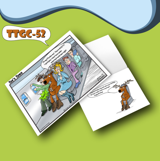 Onboard a large air plane that is at full capacity a large moose with large antlers sits in the middle seat between two other passengers. The male passenger sitting in the window seat is trying to pry open the window and the lady in the other seat beside the moose is pinching her nose as there is a horrific smell in the plane. The moose is holding his belly with his two hooves as if his stomach was upset. Other passengers throughout the plane are visibly revolted by the smell. The moose say "Oh my!. Pardon