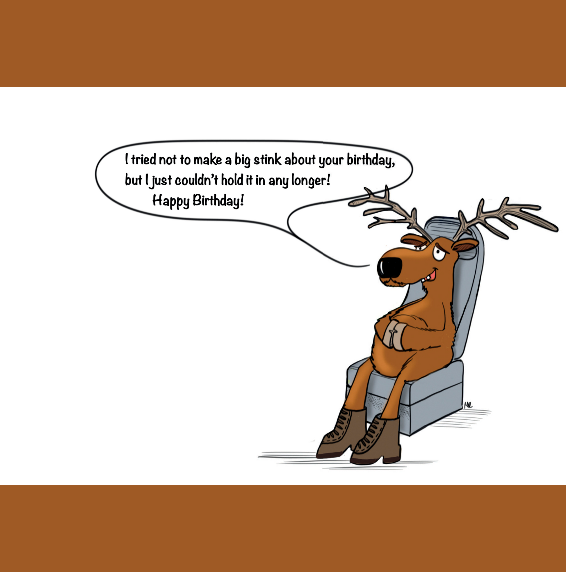 Onboard a large air plane that is at full capacity a large moose with large antlers sits in the middle seat between two other passengers. The male passenger sitting in the window seat is trying to pry open the window and the lady in the other seat beside the moose is pinching her nose as there is a horrific smell in the plane. The moose is holding his belly with his two hooves as if his stomach was upset. Other passengers throughout the plane are visibly revolted by the smell. The moose say "Oh my!. Pardon