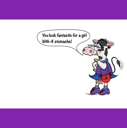 In the swimsuit section of a well appointed department store there are two well dressed cows standing beside a rack of bathing suits. The cows udders are clearly visible as their clothes only cover the upper portion of their bodies. One of the cows has removed an item from the dislay and is holding up a polka dotted thong bikini bottom. The bikini bottom has four cavities that perfectly accomodates the cows four udders. The second cow is looking intently at her friend over the top of her glasses with