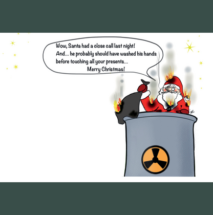 Santa and the reindeer sit atop a hazardous wast burning facilities tall cone shapped chimney. There are several of these chimneys in the image and all of them have a large hazardous waste symbol painted on the side of the chiney. In addition to the symbols on the chimneys there is a sign on the ground says "Toxic Wste Incineration Facilty". Santa looking as jolly as ever says "Yes I know Blitzen, Mrs. Claus was pretty angry with Santa last night, but she was still kind enough to put