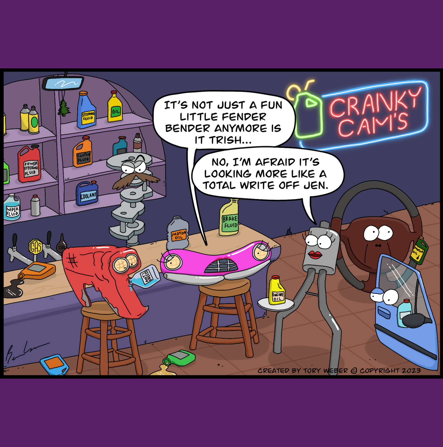 A hilarious sceen in a bar called Cranky Cam's, a bunch of car parts are drinking and partying it up. Behing the bar on the shelves sit bottles of oil, break fluid, windshield wiper fluid. The owner of the bar, a large cam shaft with a bushy moustache tends the beer taps which flow gaoline and motor oil by the pint. Off to the side of the bar in the background a car door and a steering wheel enjoy a conversation and a beverage. Sitting up at the bar is a quarter panel front fender which has is all bent