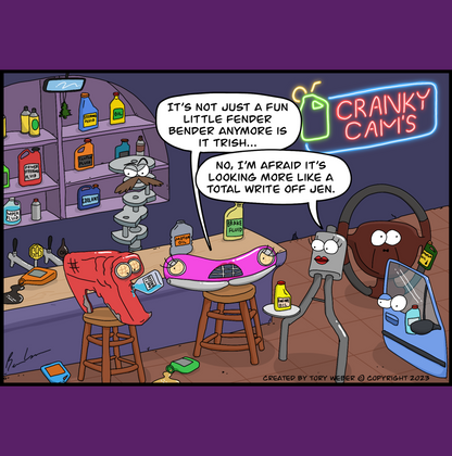 A hilarious sceen in a bar called Cranky Cam's, a bunch of car parts are drinking and partying it up. Behing the bar on the shelves sit bottles of oil, break fluid, windshield wiper fluid. The owner of the bar, a large cam shaft with a bushy moustache tends the beer taps which flow gaoline and motor oil by the pint. Off to the side of the bar in the background a car door and a steering wheel enjoy a conversation and a beverage. Sitting up at the bar is a quarter panel front fender which has is all bent